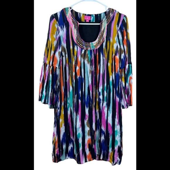 Trina Turk x INC Colorful Sequin Collar Shift Mini Dress Bell‎ Sleeve Size XS - Picture 1 of 4